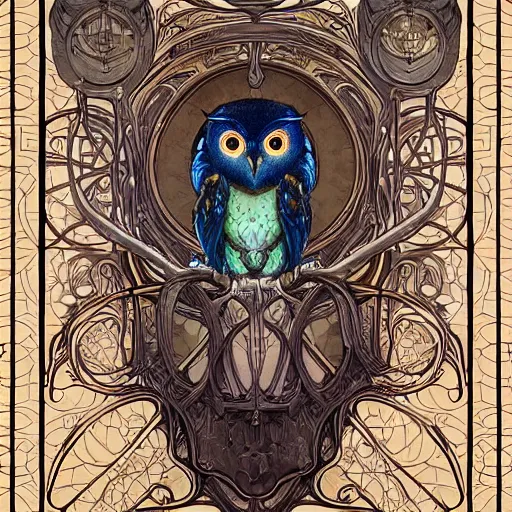 Image similar to cute owl, organic, epic, baroque art nouveau, manga, james jean, mucha, yoshitaka amano, photorealistic rendering, 3 ds max + v - ray, extremely detailed and complex, center composition, elegant, vfx, unreal engine 5, octane rendering, very contrasting, very sharp lines