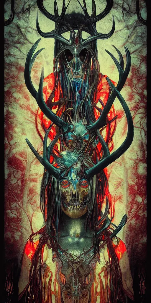 Image similar to intense glowing black metal pagan god with antlers and blood and intense glowing eyes with a bull skull in very dark forest by marco mazzoni and alphonse mucha, portrait, fantasy, clear, red and teal and yellow, light beams, lens flare, intense, uhd, amazing depth, cinematic lighting