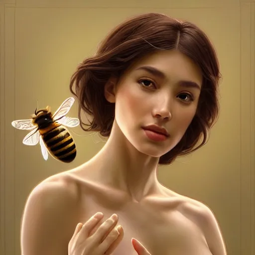 Prompt: perfectly-centered-Portrait of a gorgeous Honey Goddess with bees, The Perfect Human Female Specimen, intricate, elegant, super highly detailed, professional digital painting, artstation, concept art, smooth, sharp focus, no blur, no dof, extreme illustration, Unreal Engine 5, 8K, art by artgerm and greg rutkowski and alphonse mucha and loish and WLOP