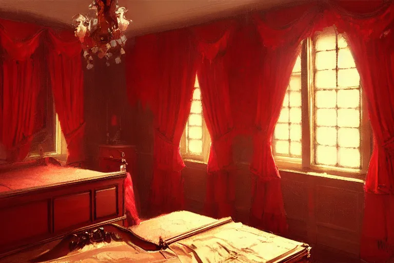 Prompt: an ornate red victorian bedroom, in the evening, 1 8 9 0, key visual, conceptart, ambient lighting, highly detailed, digital painting, artstation, concept art, sharp focus, by makoto shinkai and akihiko yoshida and greg manchess