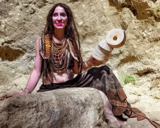 Prompt: ContraPoints as a Neolithic tribal woman in a cave drinking from a stone cup