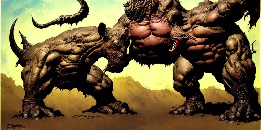 Prompt: lrhino monster by frazetta