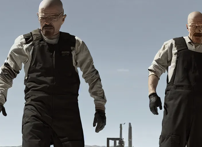 Image similar to film still of Walter White as Gordan Freeman wearing Black Mesa Jumpsuit in the Half Life Movie, 4k