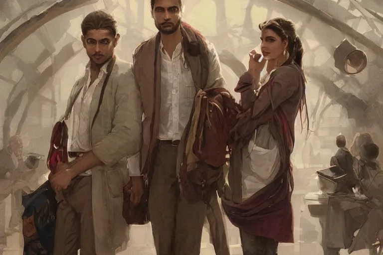 Image similar to Anxious good looking pale young Indian doctors wearing American clothes at the airport, portrait, elegant, intricate, digital painting, artstation, concept art, smooth, sharp focus, illustration, art by artgerm and greg rutkowski and alphonse mucha