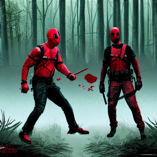 Prompt: jason voorhees fighting with deadpool in the woods digital art 4 k detailed super realistic