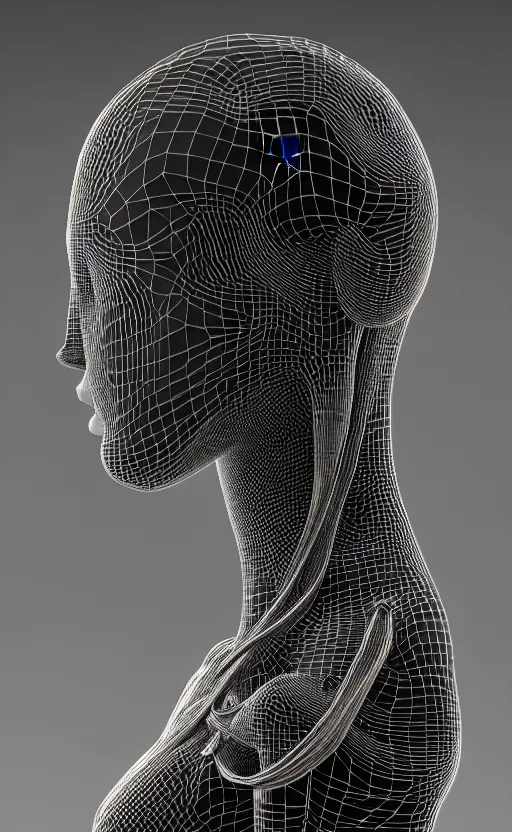 Image similar to black and white complex 3d render of a beautiful profile woman face, vegetal dragon cyborg, 150 mm, magnolia stems, roots, fine lace, maze like, mandelbot fractal, anatomical, facial muscles, cable wires, microchip, elegant, highly detailed, black metalic carbon armour, rim light, octane render, H.R. Giger style