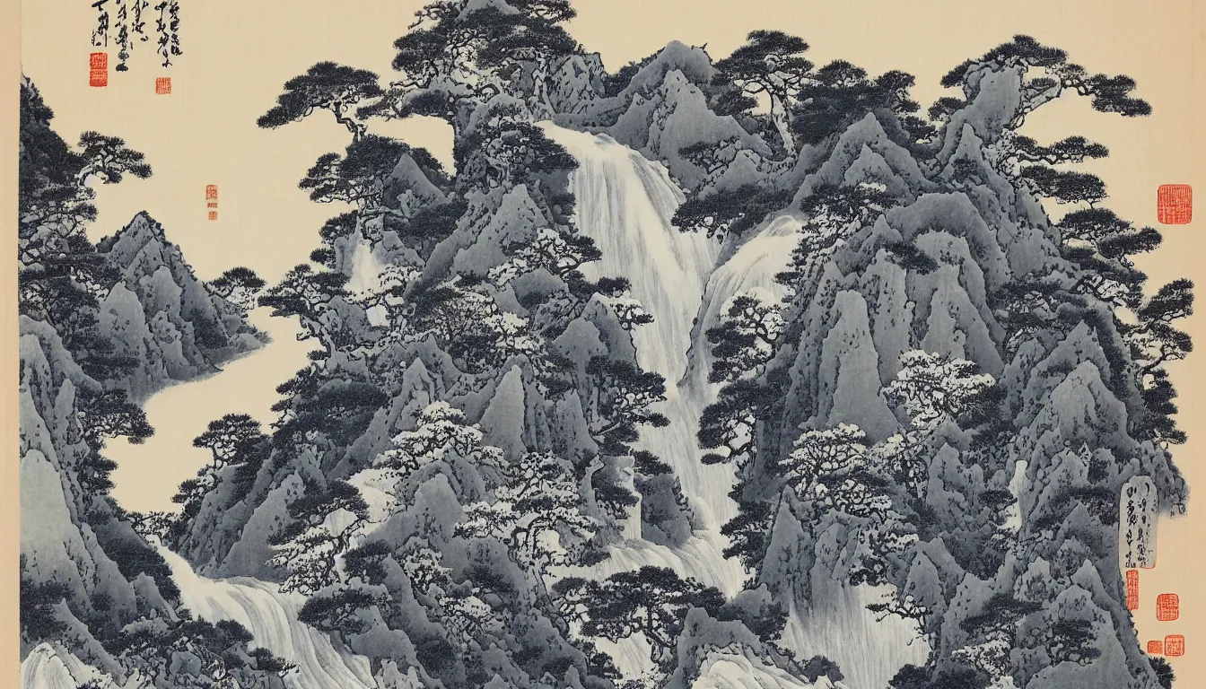 Image similar to traditional chinese ink drawing of a waterfall, mountains, forest, by hokusai, ultra detailed