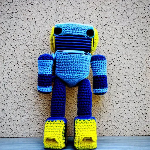 Prompt: a crochet mecha robot, Sigma 50 mm f/1.4