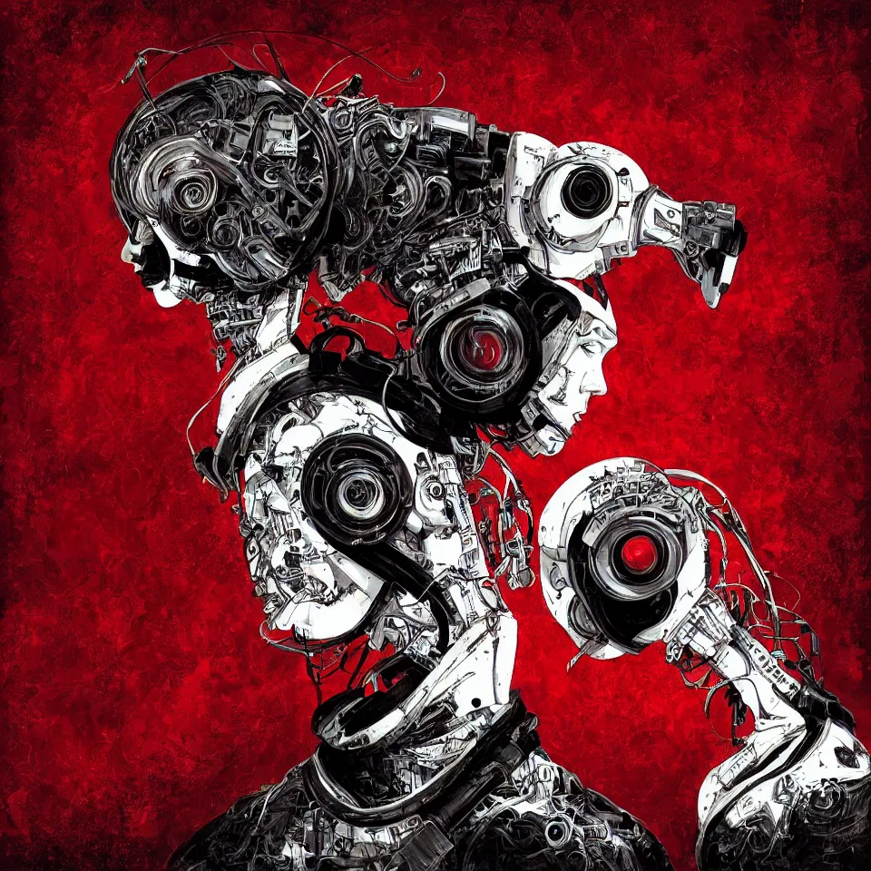 Image similar to beautiful artistic album cover highly detailed robotic bird, with head phones, digital painting, digital art, beautiful, cinematic, 4 k, ultra hd, art by frank miller, dynamic lighting, gradient dark red, cream and white color scheme, grunge aesthetic