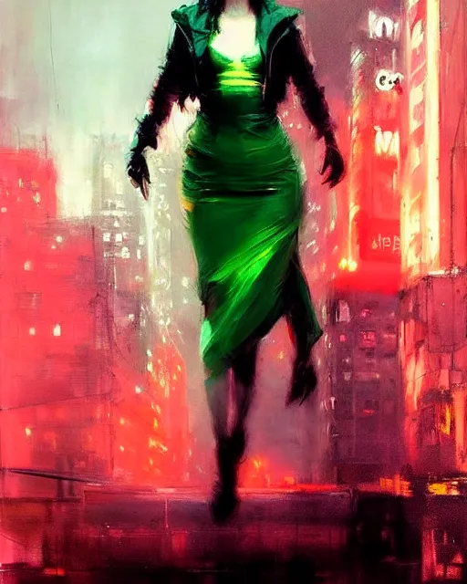 Prompt: Jeremy Mann art, artgerm, Mandy Jurgens art, cinematics lighting, beautiful Anna Kendrick supervillain, green dress with a black hood, angry, symmetrical face, Symmetrical eyes, full body, flying in the air over city, night time, red mood in background