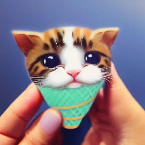 Prompt: cute kitten and puppy heads as ice cream scoops on cones, hyperrealistic, trending on artstation