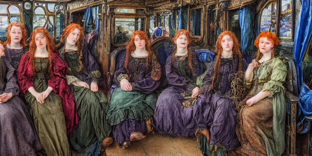 Prompt: detailed colour preraphaelite photograph group portrait of amazingly characterful people sat down extreme closeup, in the inside of the beautiful underwater train to atlantis, crowds of people sat down wearing weird clothes, 4 k