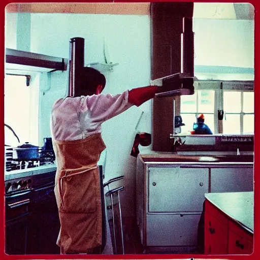 Prompt: “perch-man plays the pots in the kitchen, detailed, retro Lomo”