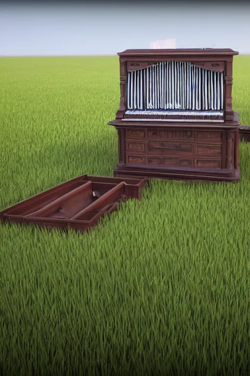 Image similar to a large organ in the middle of a field, trending on artstation, render, 3 d, octane, 4 k, 8 k, unreal engine, cinema 4 d