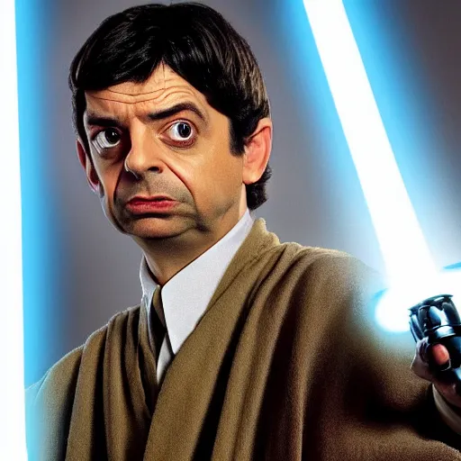 Image similar to mr beans as a jedi master holding a lightsaber, star wars, photo, realistic detail