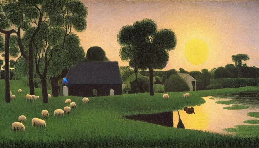 Prompt: quaint victorian farmhouse beside a river with sheep in the adjacent yard at sunset, by henri rousseau, full resolution