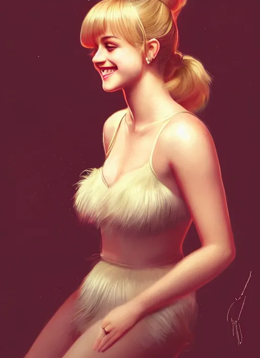 Image similar to portrait of lili reinhart with fluffy bangs, smiling kindly, bangs, 1 9 6 0 s, ponytail, fluffy bangs and ponytail, intricate, elegant, glowing lights, highly detailed, digital painting, artstation, concept art, smooth, sharp focus, illustration, art by wlop, mars ravelo and greg rutkowski