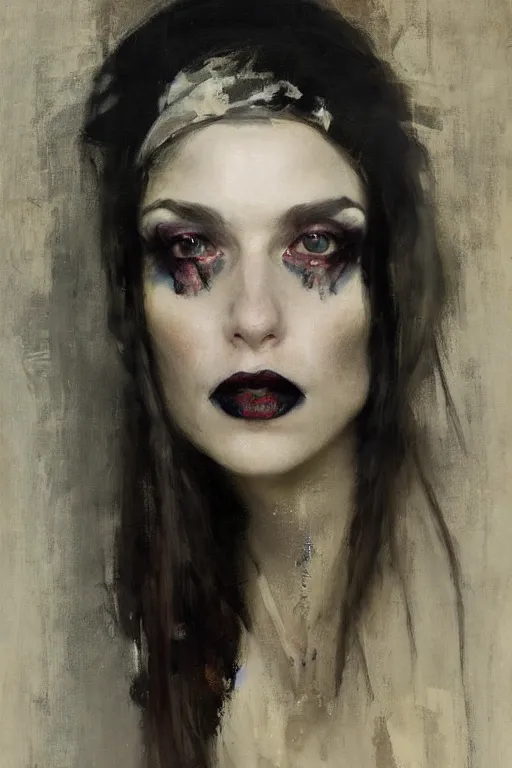 Image similar to Richard Schmid and Jeremy Lipking and Antonio Rotta full length portrait painting of a young beautiful goth punk rock priestess woman