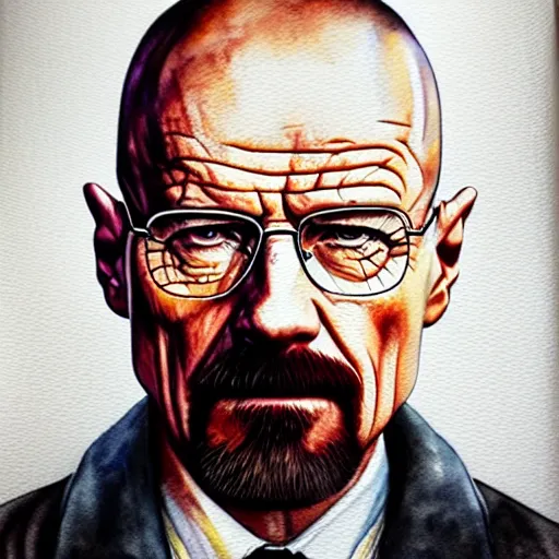 Image similar to detailed portrait of walter white,watercolor painting,realistic,photorealistic,detailed face,hyperdetailed,professional lighting,trending on instagram,4k