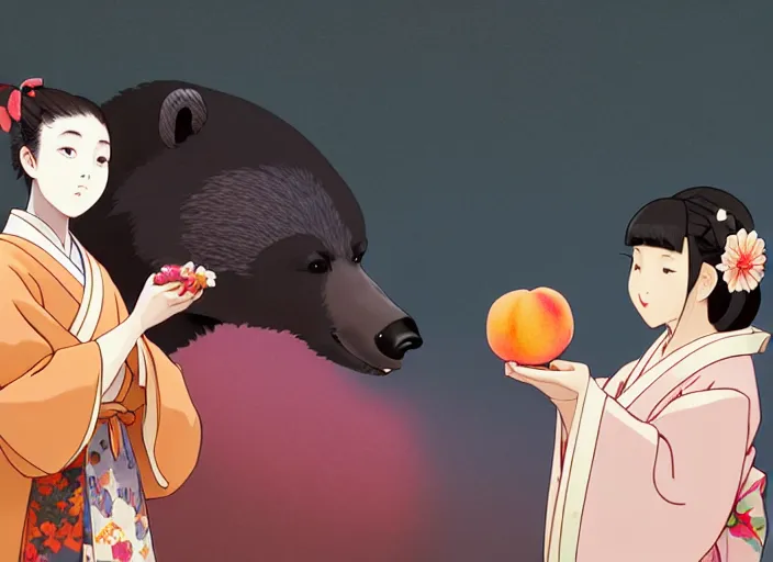 Image similar to a girl wearing a kimono giving a peach to a large anthropomorphic asian black bear, featured in artstation, artgerm, octane render, award winning, cinematic, elegant, intricate, 8 k, close up, in the style of studio ghibli and heikala and alphonse mucha and timothy kong and laia lopez and viorie,