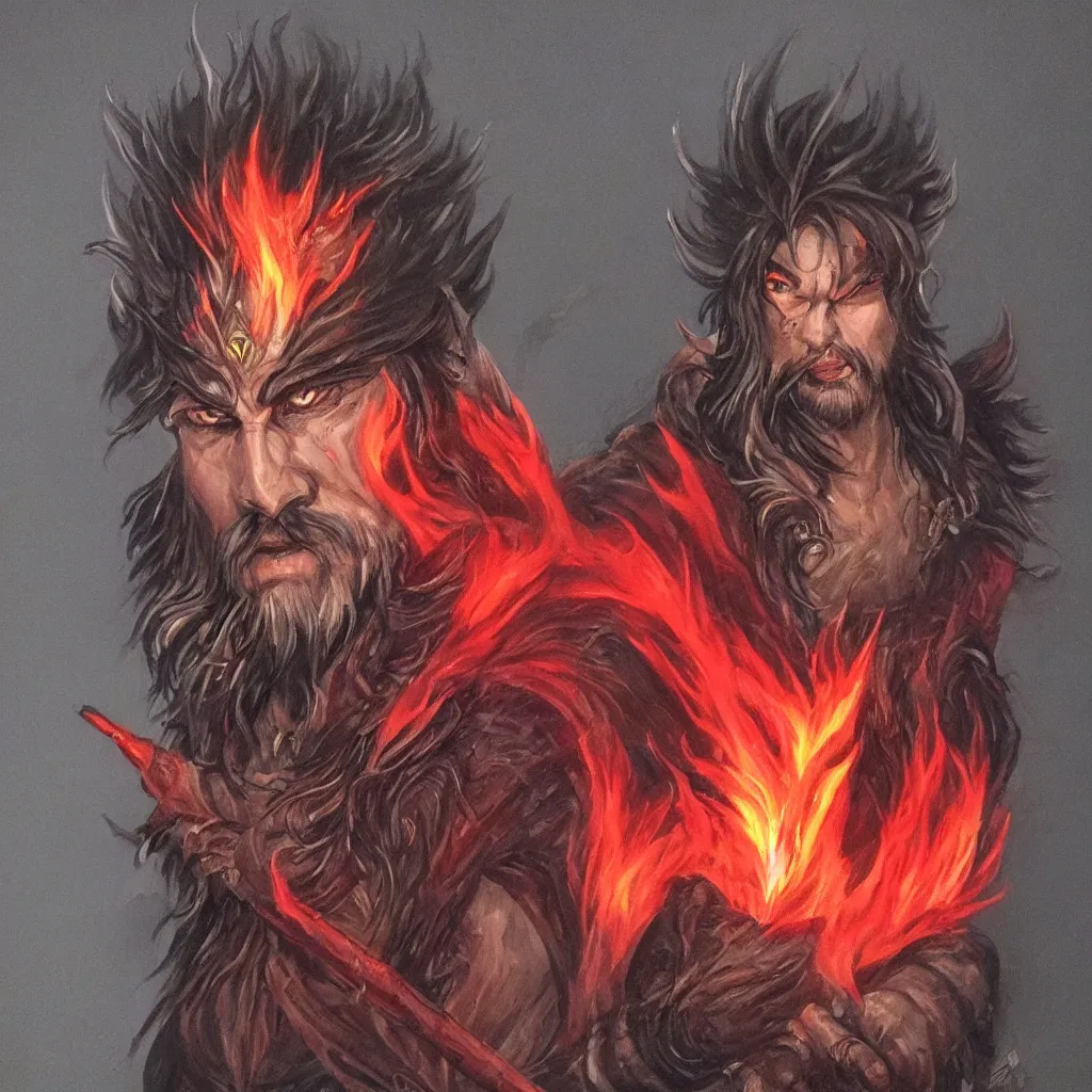 Prompt: wildfire druid portrait d & d male black hair with red flame cardinal