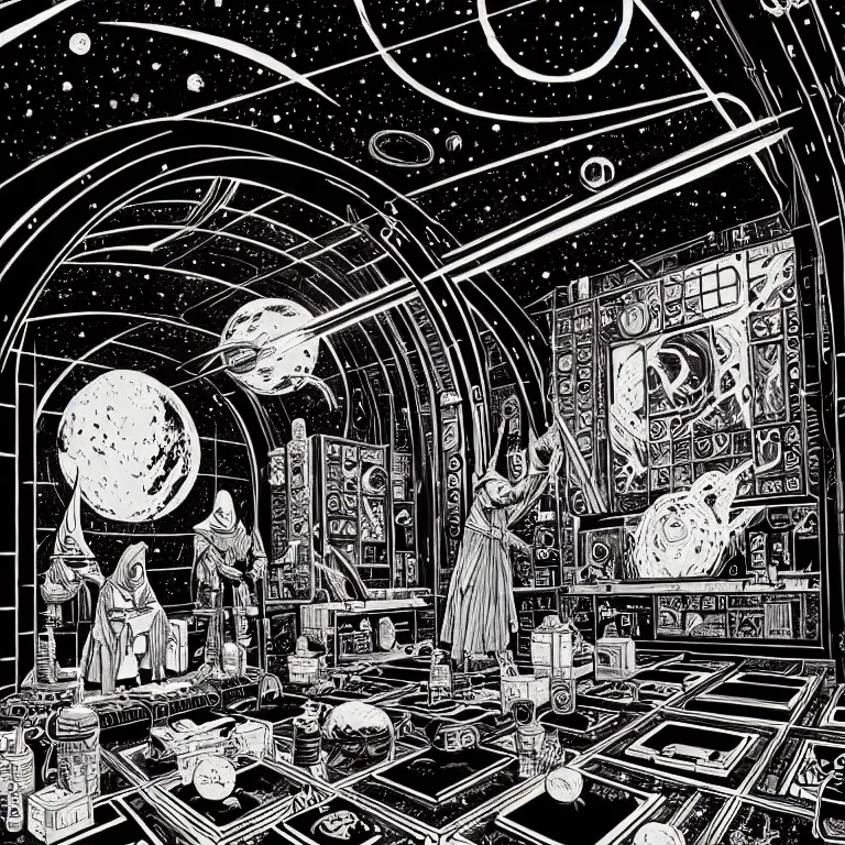 Image similar to ancient alchemist wizards laboratory, ceiling open to outerspace, high details, intricate clean line art, by vincent di fate, inking, 3 color screen print, masterpiece, trending on artstation, sharp, high contrast, hyper - detailed, hd, 4 k, 8 k