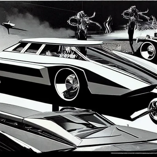 Image similar to an extremely complex and advanced car from the 1960s, extreme plus resolution fantasy concept art, intricate details to everything visible, sharp lighting, Dramatic light by Denis Villeneuve, strong emphasis on Syd Mead and Robert McCall