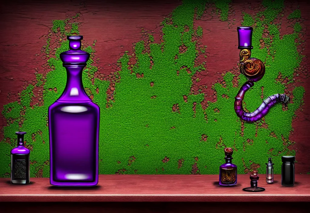 Image similar to hyper realistic and higly detailed deadly poison bottle, purple liquid inside on a design medieval wood table. the bottle is designed like a trendy perfume bottle. background is a laboratory complex architecture mossy stone pilars. professional digital art, dnd style, ultra detailed, trending on artstation, concept art, octane render, unreal engine 5, 8 k rendering.