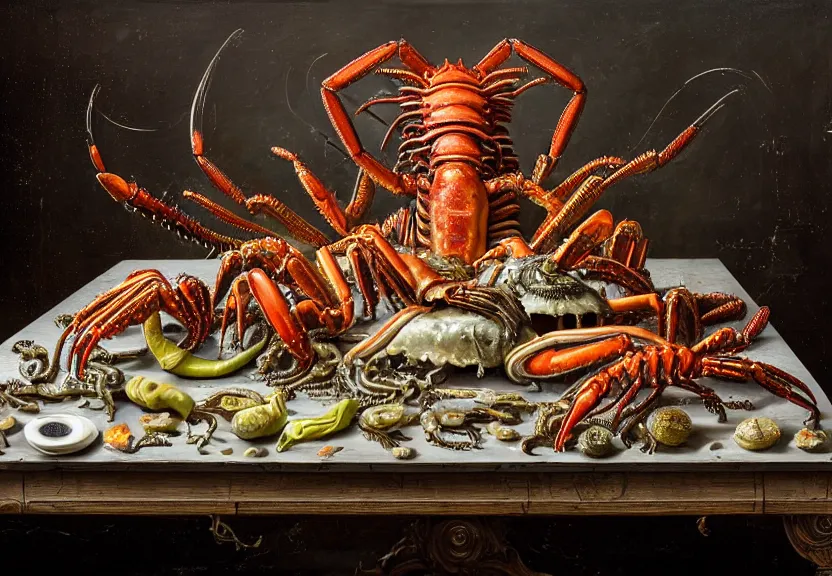 Prompt: an opulent banquet of food on a table made of slime, covered with colorful bioluminescent crabs and bioluminescent lobsters and iridescent scarabs. slime is dripping. giger ’ s xenomorph. the thing. reclaimed lumber, detailed and intricate environment, hyperrealism, food photography, rembrandt