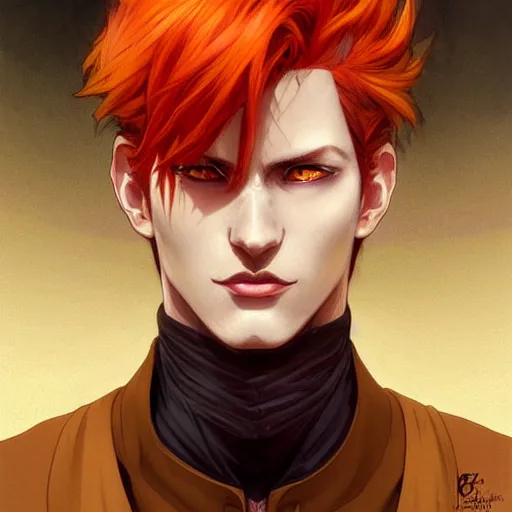 Image similar to portrait of hisoka morow hunter hunter, male, sharp jaw yellow eyes small eyes red hair crimson medium length hair, anime, fantasy, intricate, elegant, highly detailed, digital painting, artstation, concept art, matte, sharp focus, illustration, art by artgerm and greg rutkowski and alphonse mucha