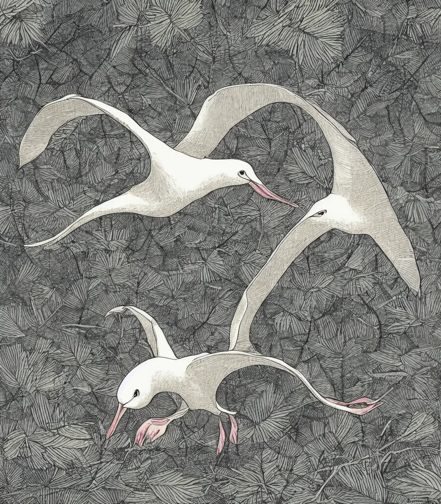 Prompt: brilliant massive alien albatross flying through a foggy forest, windy flying leaves,scientific illustration by Ernst Haekel, Hayao Miyazaki, color illustration with orthographic views