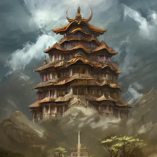 Image similar to top - down handpainted rpg map of a temple in the clouds, by greg rutkowski and afternoon maps, trending on artstation