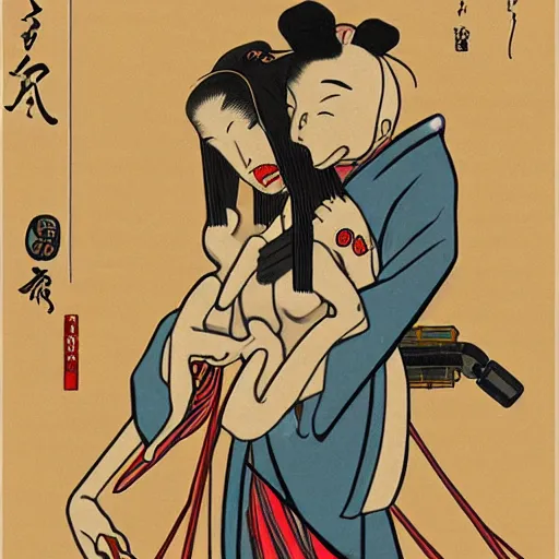 Image similar to a robot and a zombie hugging, shunga style, ukiyo - e art, artstation