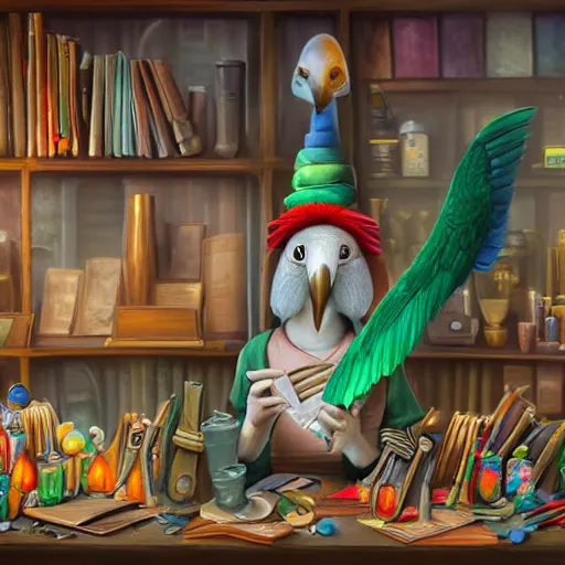 Image similar to Anthropomorphized parrot trader in his shop, shelves full, books, selling a gem, portrait, items, magic potions, carpet, window, fancy funny hat, sly expression , cunning expression, cute expression, presenting magic gem, D&D, fantasy, cinematic lighting, highly detailed, digital painting, artstation, concept art, smooth, sharp focus, illustration, warm light, cozy warm tint, magic the gathering artwork, volumetric lighting, 8k, no gold, no gold colours, art by Akihiko Yoshida, Greg Rutkowski