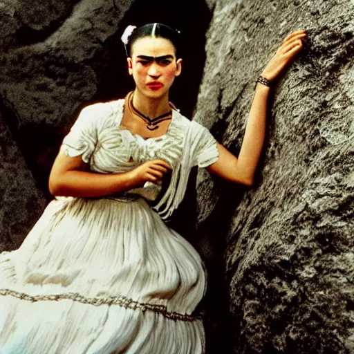 Image similar to Ultra realistic close-up of Frida Kahlo in a wedding dress rock climbing, hd