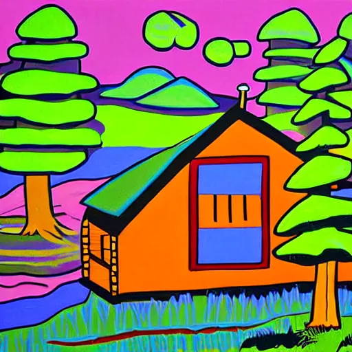 Prompt: a painting of a Eerie cabin in the middle of the woods in the style of pop art