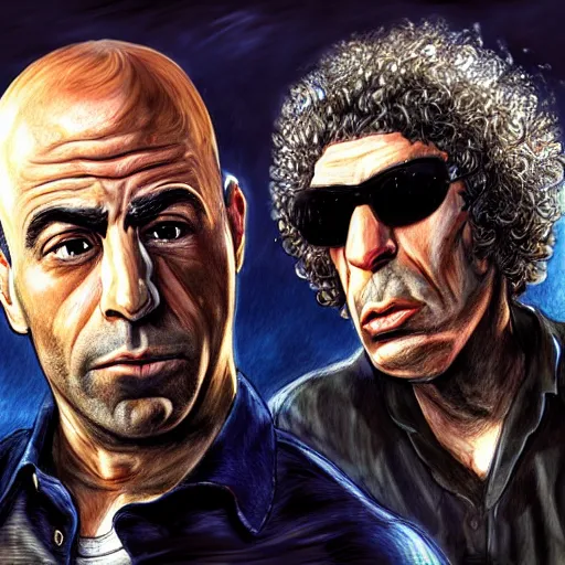 Image similar to Joe Rogan and Howard Stern, in style of Grand Theft Auto, intricate, highly detailed, concept art, smooth, sharp focus, illustration, angry, medium shot, mid-shot