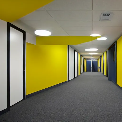 Prompt: liminal office space with walls and carpeting with a monochromatic tone of yellow, fluorescent lights