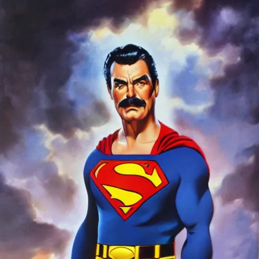 Prompt: ultra realistic portrait painting of tom selleck as superman, art by frank frazetta, 4 k, ultra realistic, highly detailed, epic lighting