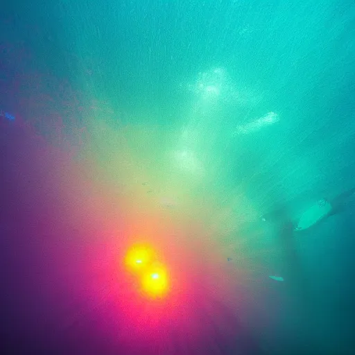 Image similar to bioluminescent, underwater, ocean floor, color field painting, light art, bokeh, wide angle, ultra - wide angle