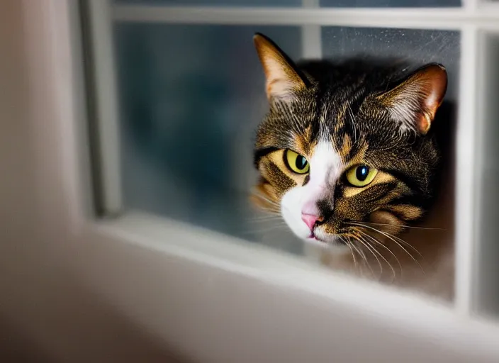 Image similar to photography of a Cat . watching outside the window. on a bed. in a 70's room full of vinyls and posters, photorealistic, award winning photo, 100mm, sharp, high res