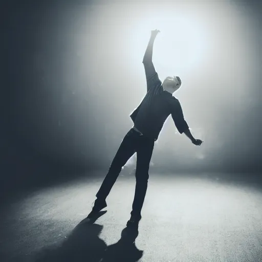 Image similar to a man boisterously dancing around the room by himself holding an empty bottle jumps in the air, dramatic lighting, award-winning photo UHD, 4K