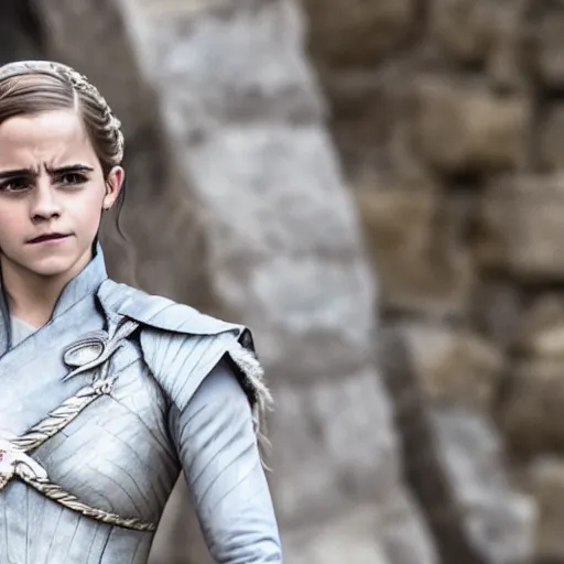 Image similar to Emma Watson as Daenerys Targaryen, XF IQ4, f/1.4, ISO 200, 1/160s, 8K, Sense of Depth, color and contrast corrected, Nvidia AI, Dolby Vision, in-frame