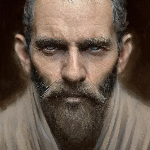 Prompt: An oil painting of a man dressed in priest robes, 50 years old, chad jaw line, short grey hair, trimmed beard, sharp facial features, beautiful, highly detailed, by Cédric Peyravernay, trending on artstation