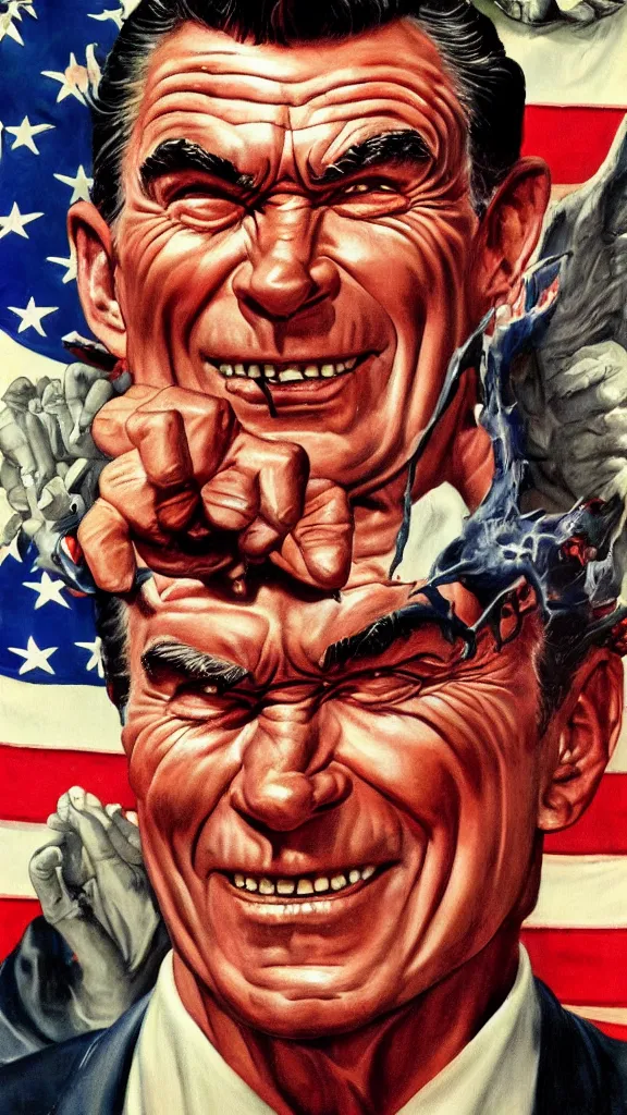 Prompt: satanic ronald regan, painting in the style of norman rockwell, 1 9 5 0 s, evil, satan, devil, demonic, demon, hyperrealistic, photorealistic, award - winning, 4 k, ultra hd, artstation, intricate, highly detailed, patriotic, american, usa, dark, gritty