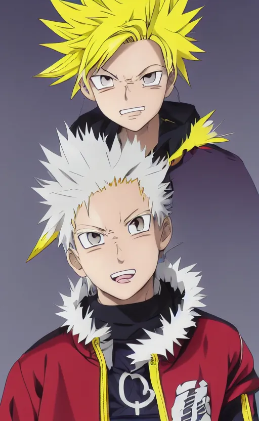 Image similar to Anime key visual of a young boy with spikey yellow hair and lightning powers, portrait, white background, Illustrated by Kohei Horikoshi, high quality face, detailed eyes, big eyes, official media, 8k, anime, detailed, HD, trending on artstation, Illustrated by Akira Toriyama