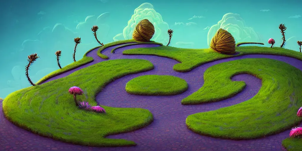 Image similar to dark tones, curled perspective digital art of spiral clouds cobblestone street with wildflowers top of a hill with spiral palmtrees by anton fadeev from nightmare before christmas. horton hears a who!