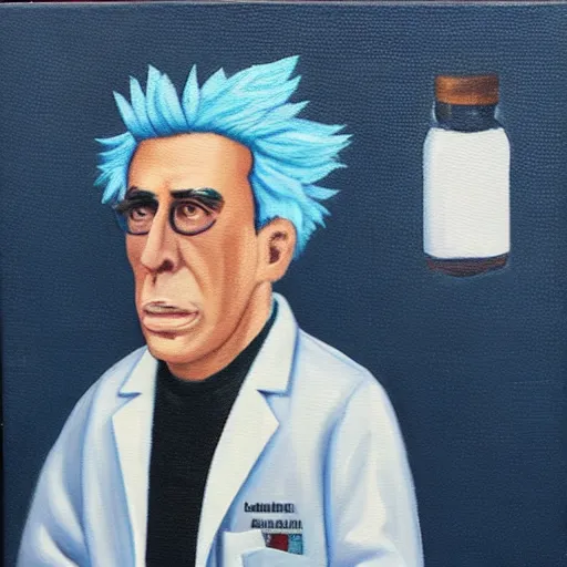 Prompt: A portrait of Rick Sanchez wearing a lab coat, oil painting