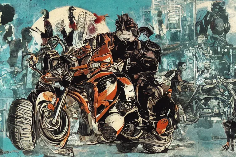 Image similar to pizza the hut, akira's motorcycle, gorillaz, poster, high quality