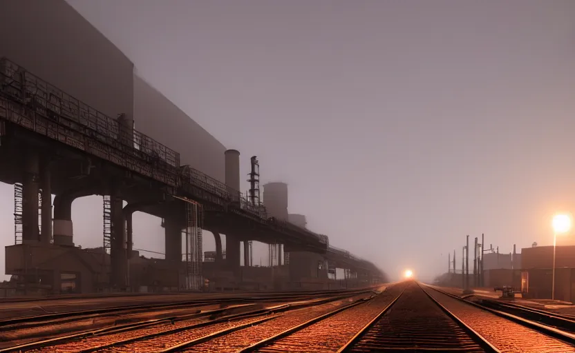 Image similar to photorealistic image of endless industrial factories, conveyor belts, industrial furnaces, cargo trains, heavy machinery. dusk. fog. gritty. 8K. detailed. technical. artstation. 25mm f/1.7 ASPH Lens. ultra realistic